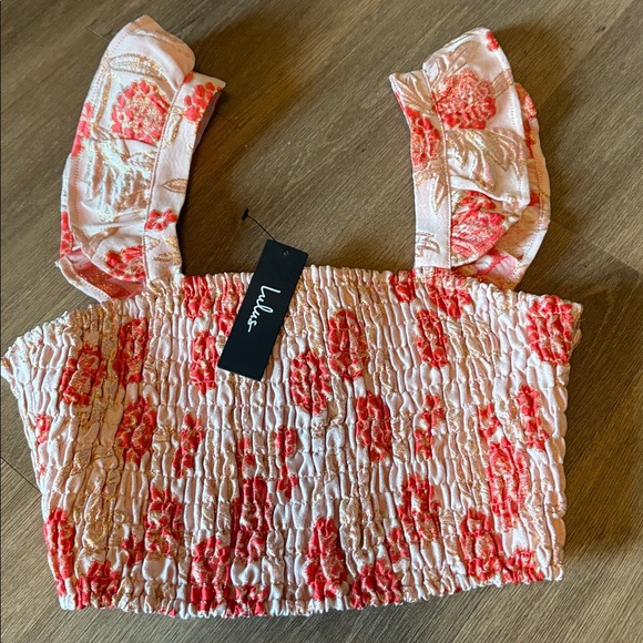 Lulus Womens Floral Smocked Crop Top Small Dusty Pink Gold Metallic Ruffle NEW - Picture 4 of 5